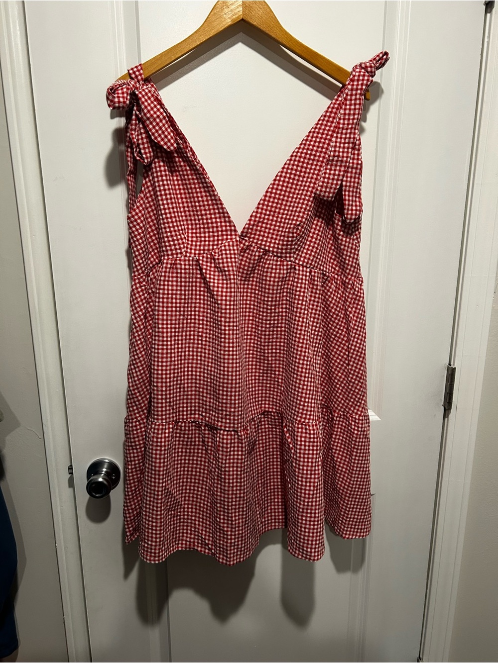 Red V-Neck Gingham Dress Sz L